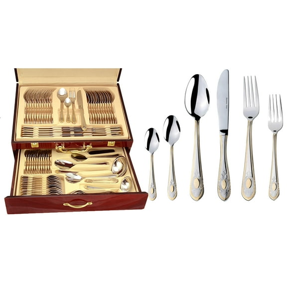 Venezia Collection"Medallion" 75-Piece Fine Flatware Set, Silverware Cutlery Dining Service for 12, Premium 18/10 Surgical Stainless Steel, 24K Gold-Plated Hostess Serving Set, Wooden Storage Case