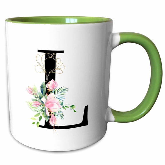 3drose, Chic Black Monogram Initial L with Pretty Pink Flowers, 11oz Two-tone Green Mug
