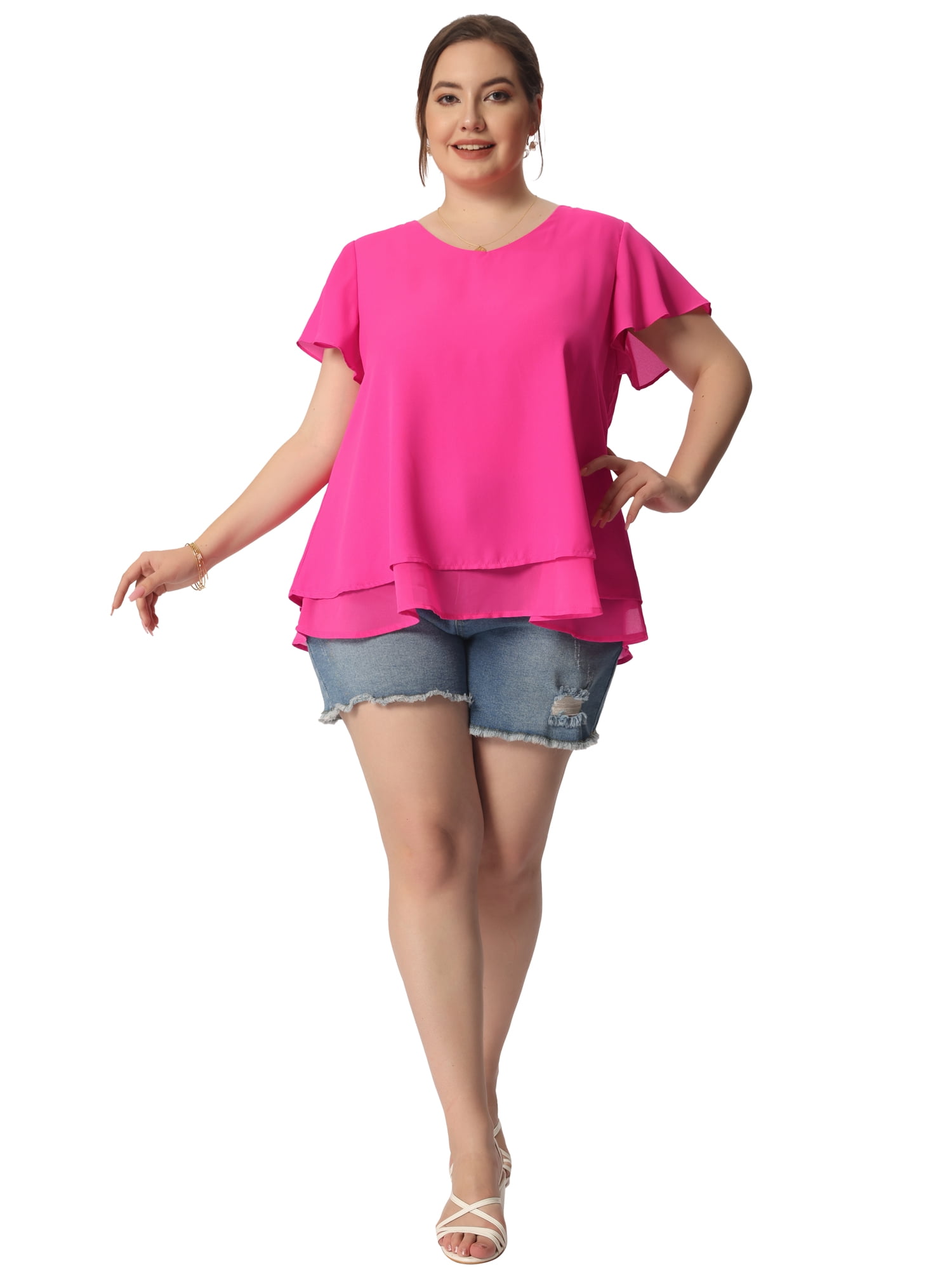 DARING DIVA Women's Plus Size Ruffle Short Sleeve V Neck Chiffon Blouse L Hot Pink