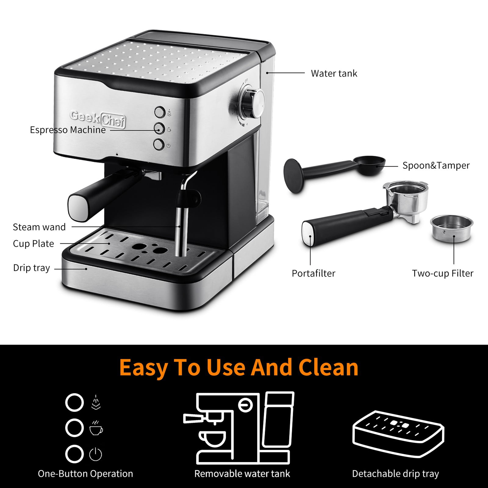 Elexnux 1350-Watt 2-Cup Black Espresso Machine 20-Bar Compact Coffee Maker with Milk Frother Steam Wand and 1.4 L Water Tank