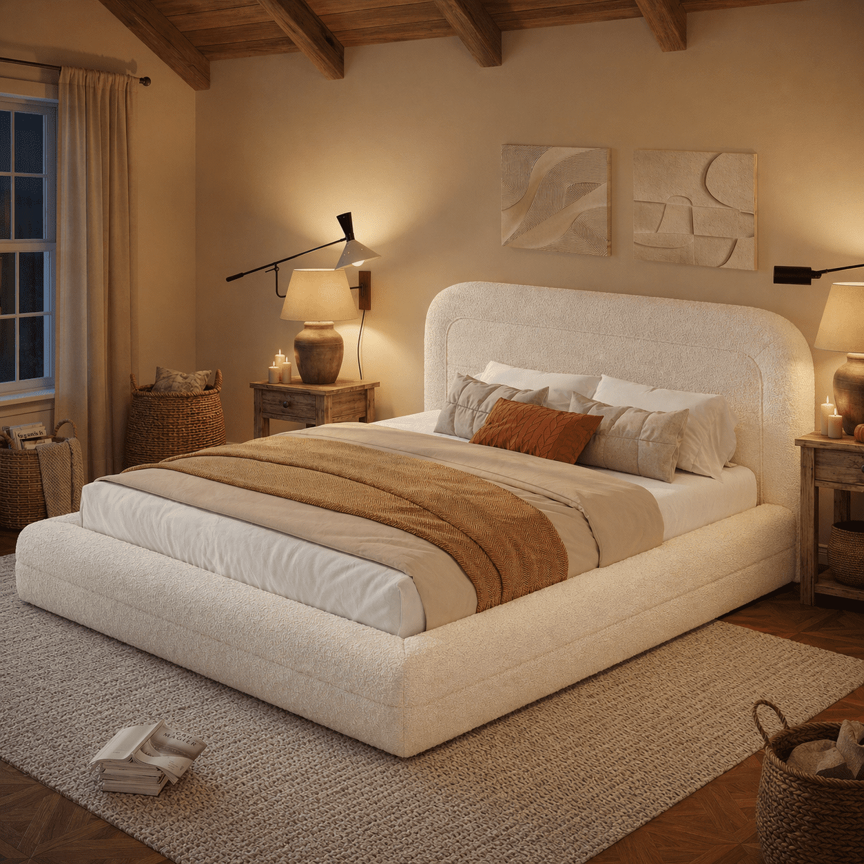 EnHomee Queen Size Cloud Bed Frame with Headboard Boucle Bed Frame with Rounded Corner, White