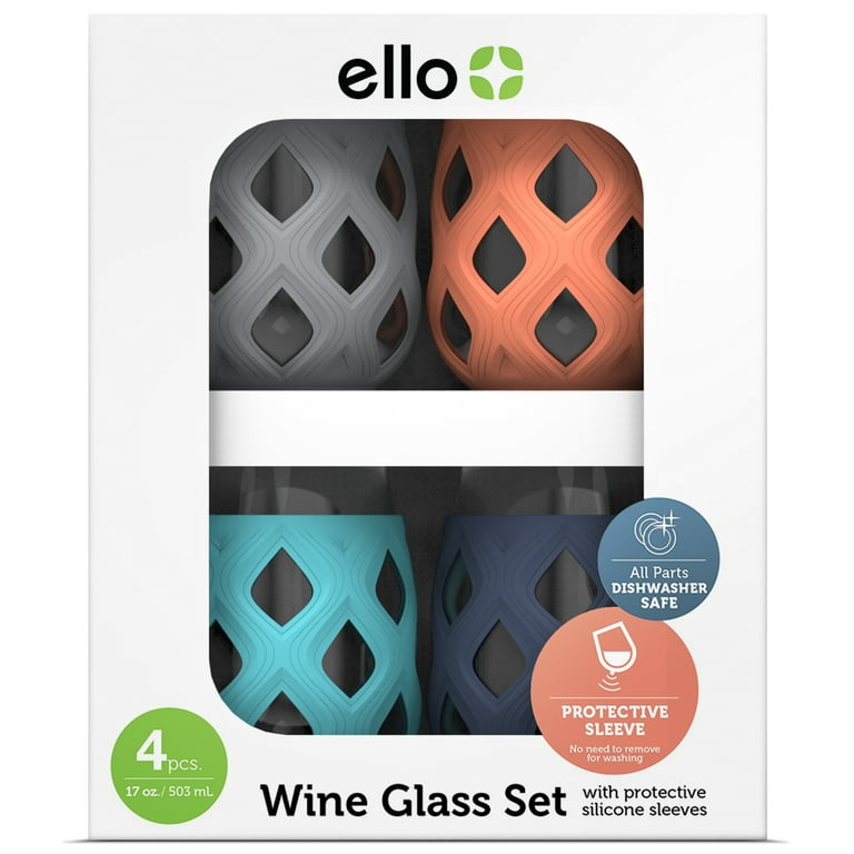 Ello Cru 17 oz Stemless Wine Glass Set with Silicone Sleeves, Paloma (4-Pack)