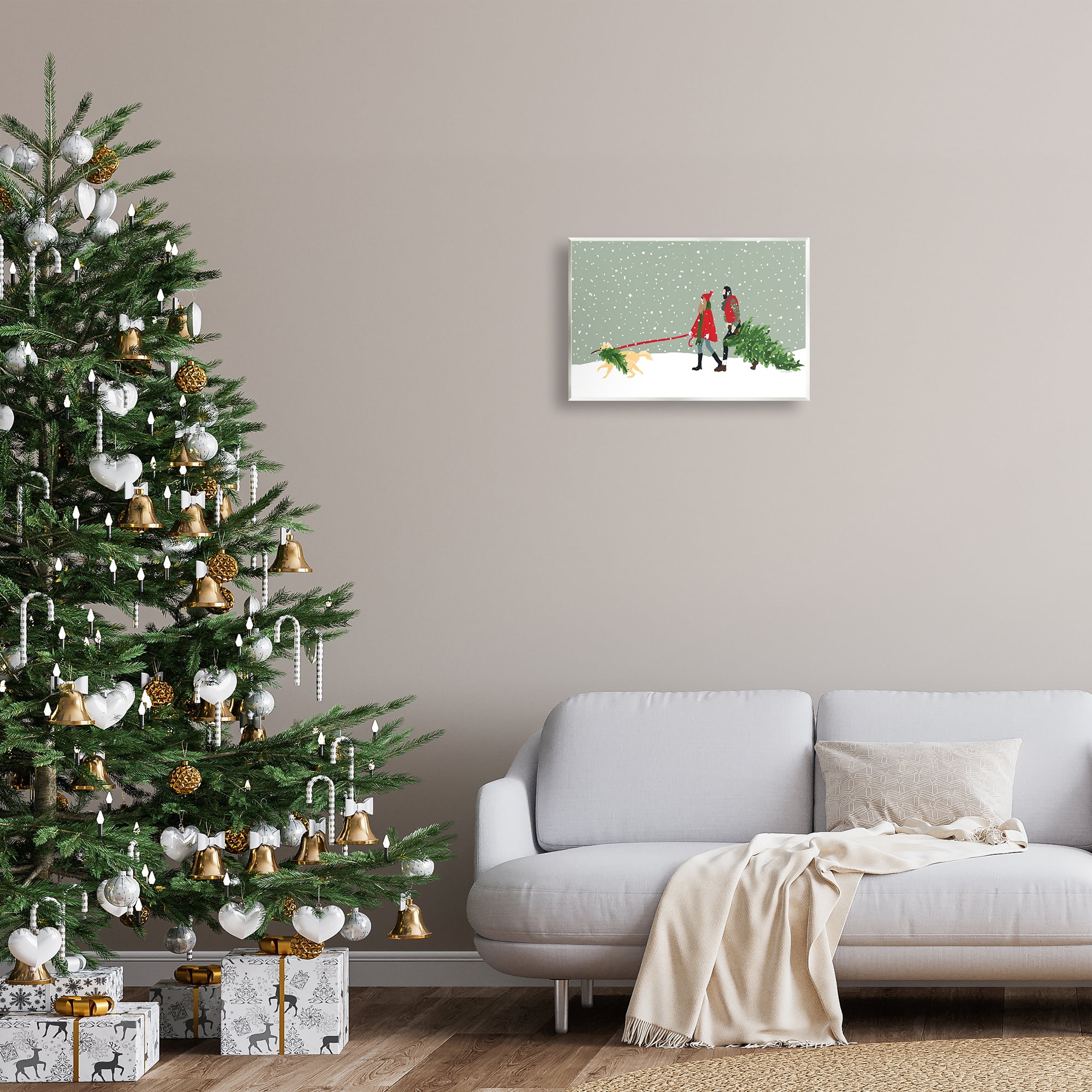 Stupell Industries Couple with Christmas Tree Holiday Painting Unframed Art Prints Wall Art, 19 x 13