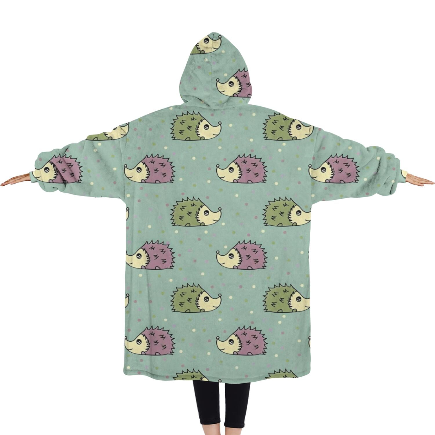 Oversized Wearable Blanket Hoodie,Cute Hedgehog Pattern Sherpa Blanket Hoodie with Super Pockets,Super Warm Fuzzy Pullover for Women & Men