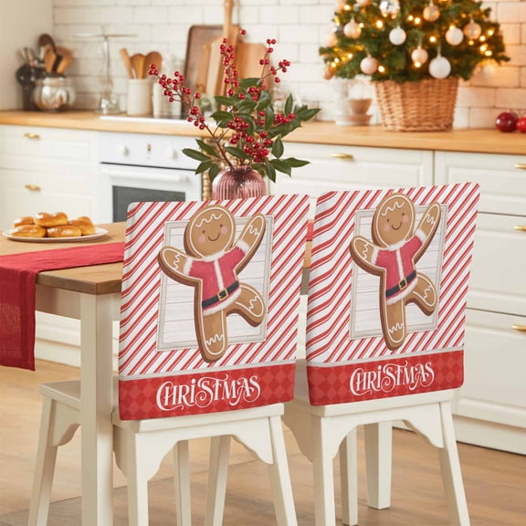 Gingerbread Man Chair Back Covers Set of 6, Christmas Cute Red Striped Merry Funny Stretch Dining Chair Back Slipcovers Removable Seat Cover for Kitchen Restaurant Hotel Cafe
