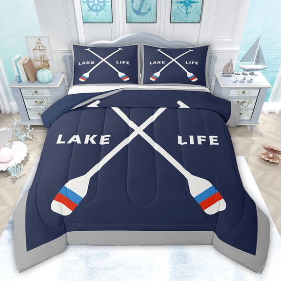 jejeloiu Lake House Twin Comforter Sets,White Cartoon Paddle Bedding Set For Boys Girls Reversible 2-Piece