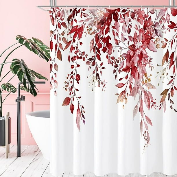 Floral Shower Curtain, Bathroom Decoration Shower Curtain Sets 72x72 inch with Hooks, Red