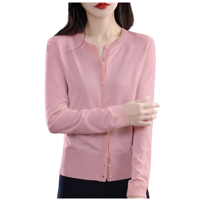HBFAGFB Cardigan pour Femmes Col Rond à Boucle Chandail Tricoté Polyvalent Vestes à Manches Longues Rose Taille TG