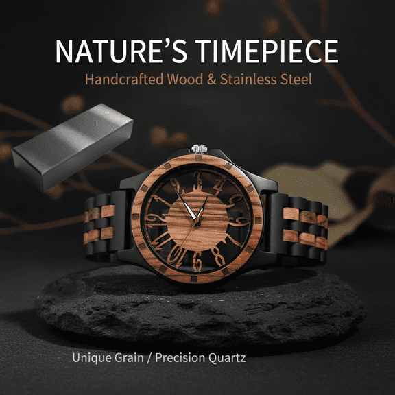 Men's Luxury Wooden Quartz Watch, Black Ebony and Zebra Wood Hollow Dial Wrist Watch, Handmade Lightweight Timepiece, Ideal Gift for Father, Husband, Boyfriend