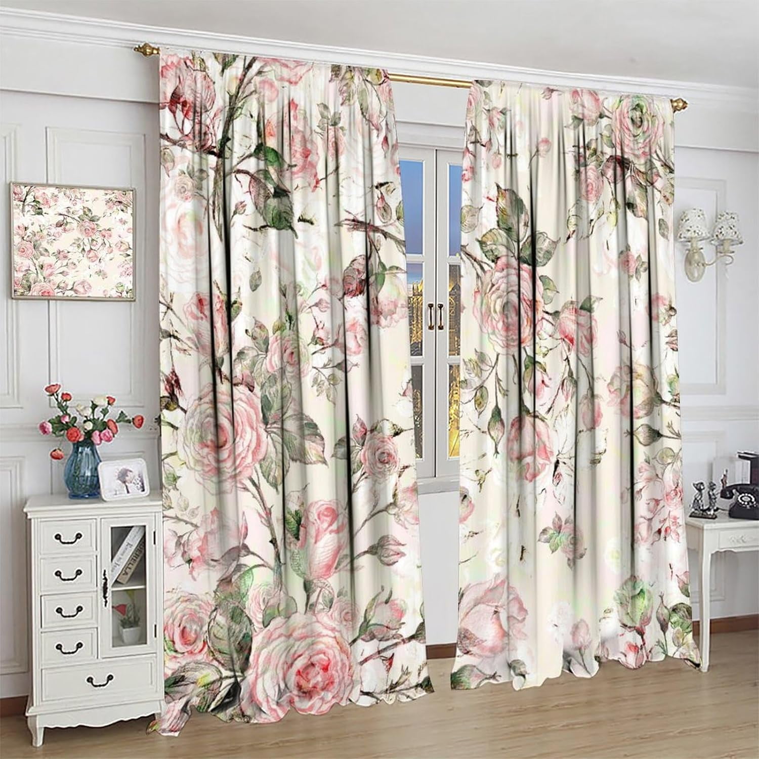 Vintage Rose Blackout Curtains, Delicate Red Rose Beige Background Lovely Botanical Print, Bedroom Living Room Kitchen Rod Pocket Curtains42X84x2 Inch