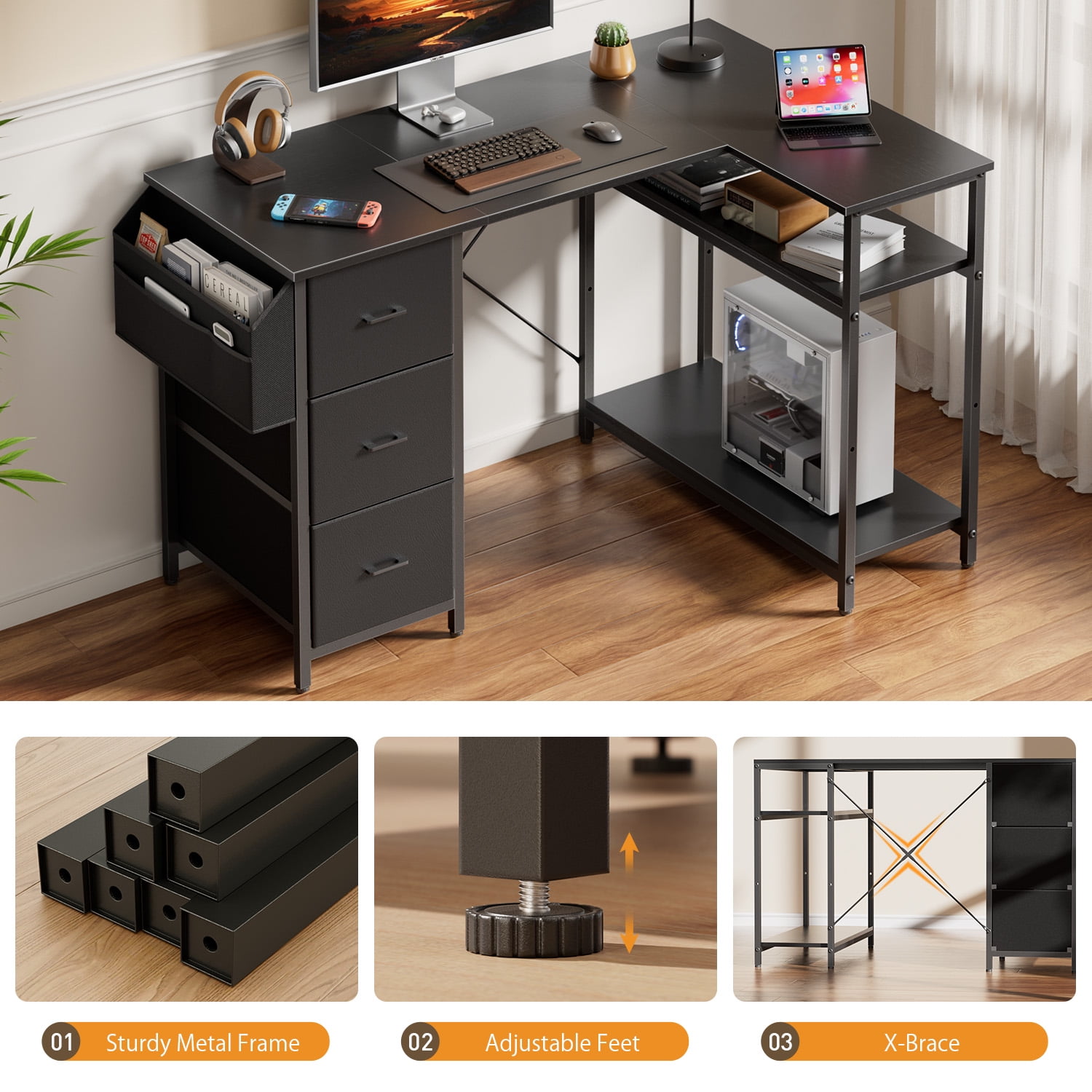 HLDIRECT L Shaped Computer Desk with Drawers & Storage Shelves, 55 inch Corner Desk for Home Office and Bedroom, Black