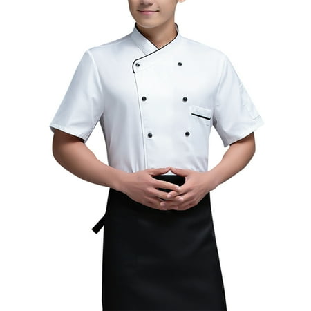 

Chef Uniform Short Sleeve Kitchen Apron Double-breasted Suits Comfortable Stitching Shirts for Men Simple Style for Coffee Bar White M