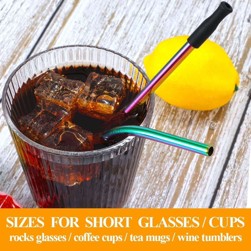 Short Thin Bent Stainless Steel Straws for Cocktail Glasses, Kids, Small  Cups