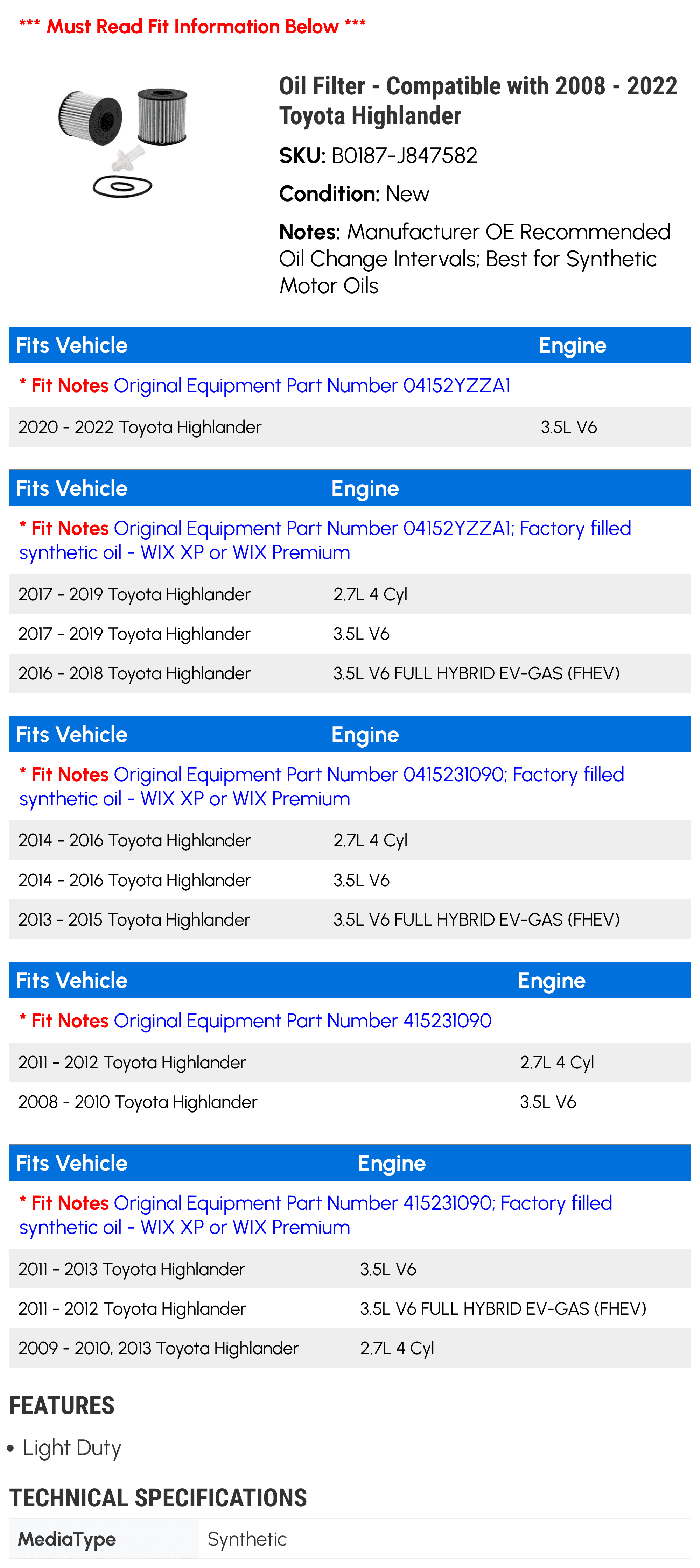 Oil Filter - Compatible with 2008 - 2022 Toyota Highlander 2009 2010 2011 2012 2013 2014 2015 2016 2017 2018 2019 2020 2021
