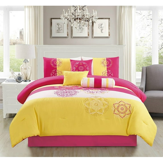 Samantha 7 Piece Embroidered Comforter Set Hot Pink & Yellow (884) - Queen Size