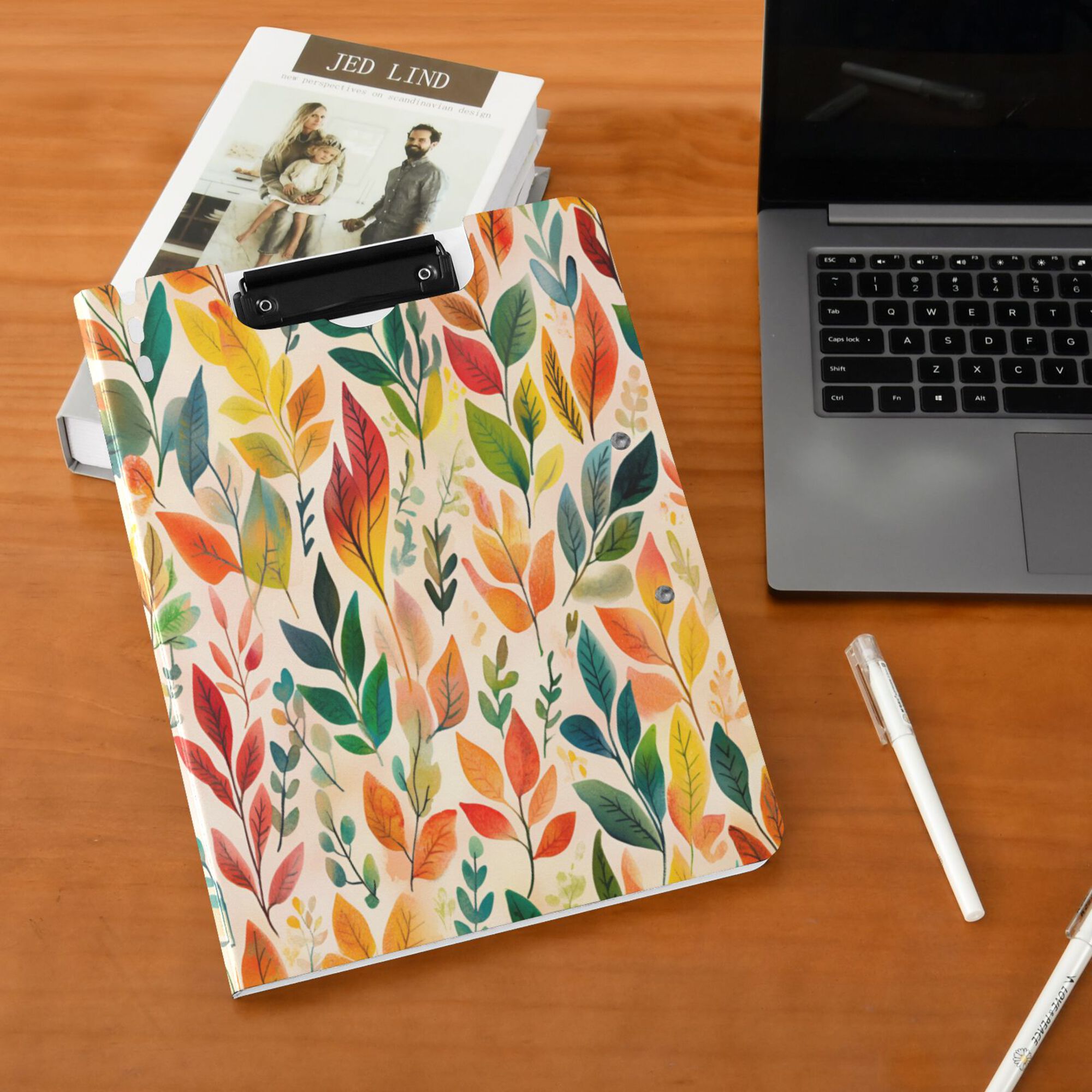FORMRS A4 Clipboard Folder with Pen Holder Horizontal Foldable School Office Binder, Orange Leaves