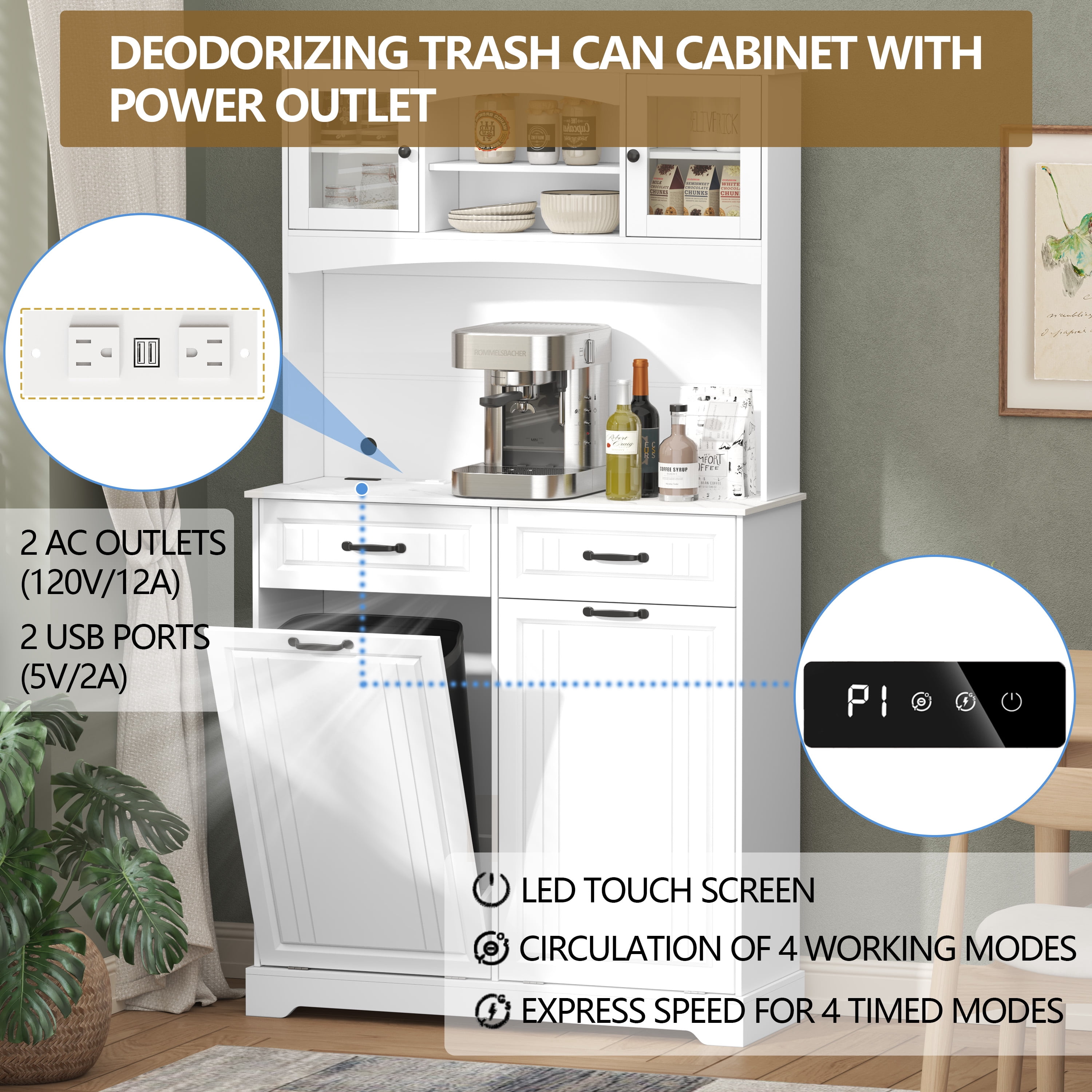 Double 13 Gallon Tilt Out Trash Can Cabinet with Deodorizing Function and Power Outlet, 71" Tall Wooden Garbage Can Holder Cabinet with 2 Storage Hutch & 2 Drawers for Kitchen and Dining Room, White