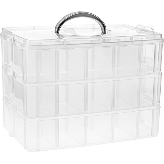 Bexikou Craft Storage Box with Compartments, 3-Tier 30 Sections Transparent Stackable Plastic Box Organiser with Handle, Practical Sorting Box for Crafts, Jewelry, Toy, Sewing Accessories(Clear)