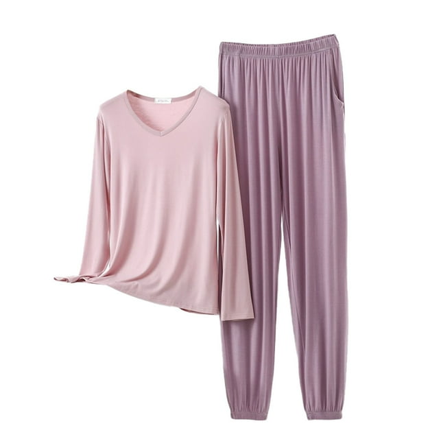 Women Pajama Sets V Neck Long Sleeved Plus Size Home Suit Set For Women Thin Design Solid Color Long Sleeved Pants Two Piece Set Woman Blending Pajamas