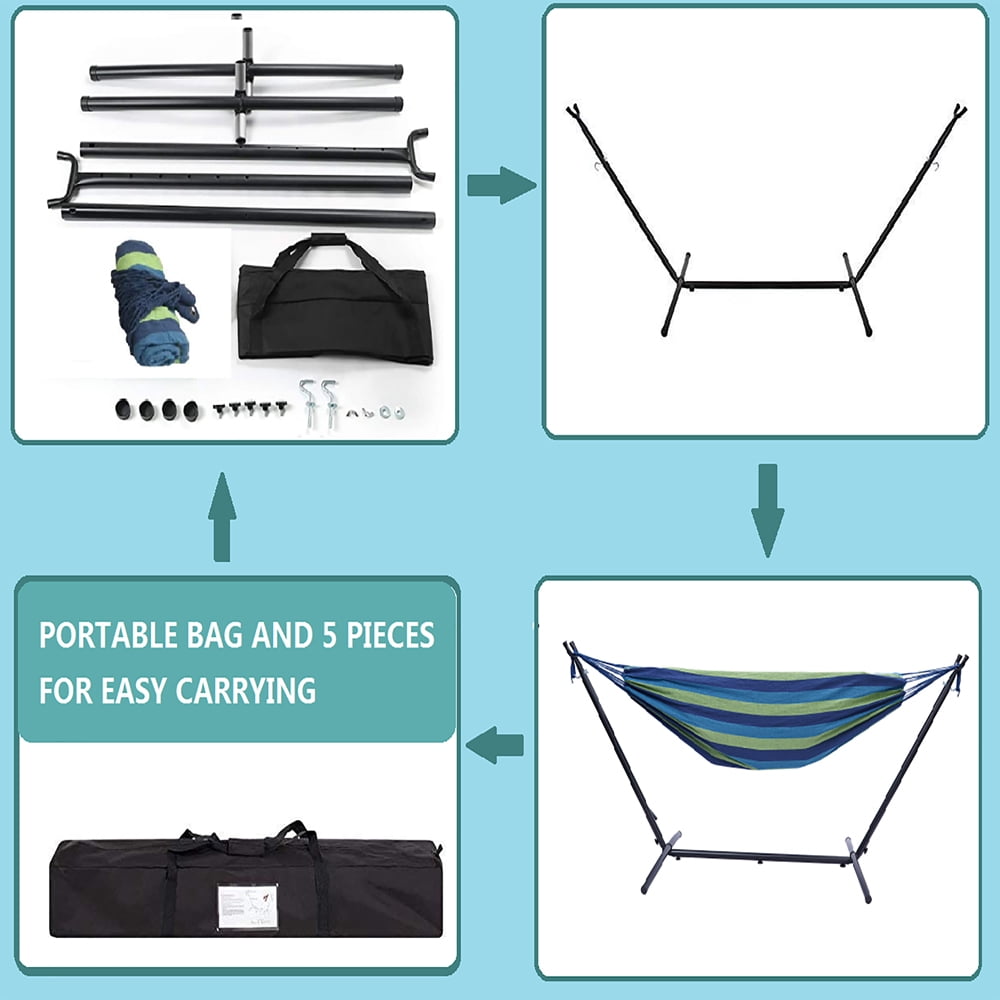 Hammock with Stand, Brazilian Style Hammock Bed with 9.3ft Heavy Duty Steel Stand and Carrying Bag, Portable Double Hammock for Patio Balcony Deck Indoor Outdoor, Max Load 450lbs, Easy Set Up, K3386