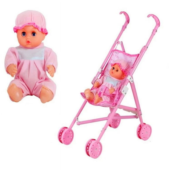 Baby Infant Doll Stroller Carriage Foldable with Doll for 12inch Doll Mini Stroller Toys Gift Pink Color:2239C-01 plastic cart + doll
