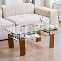 Tempered Glass Coffee Table with Brown Legs - Modern Design for Living Room - 2-Tier Storage Center