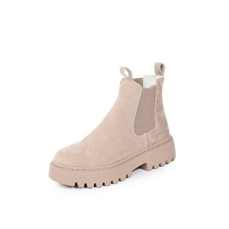 

Daeful Women Comfort Pull On Ankle Boots Walking Winter Shoes Work Wear Resistant Combat Booties Beige 7.5
