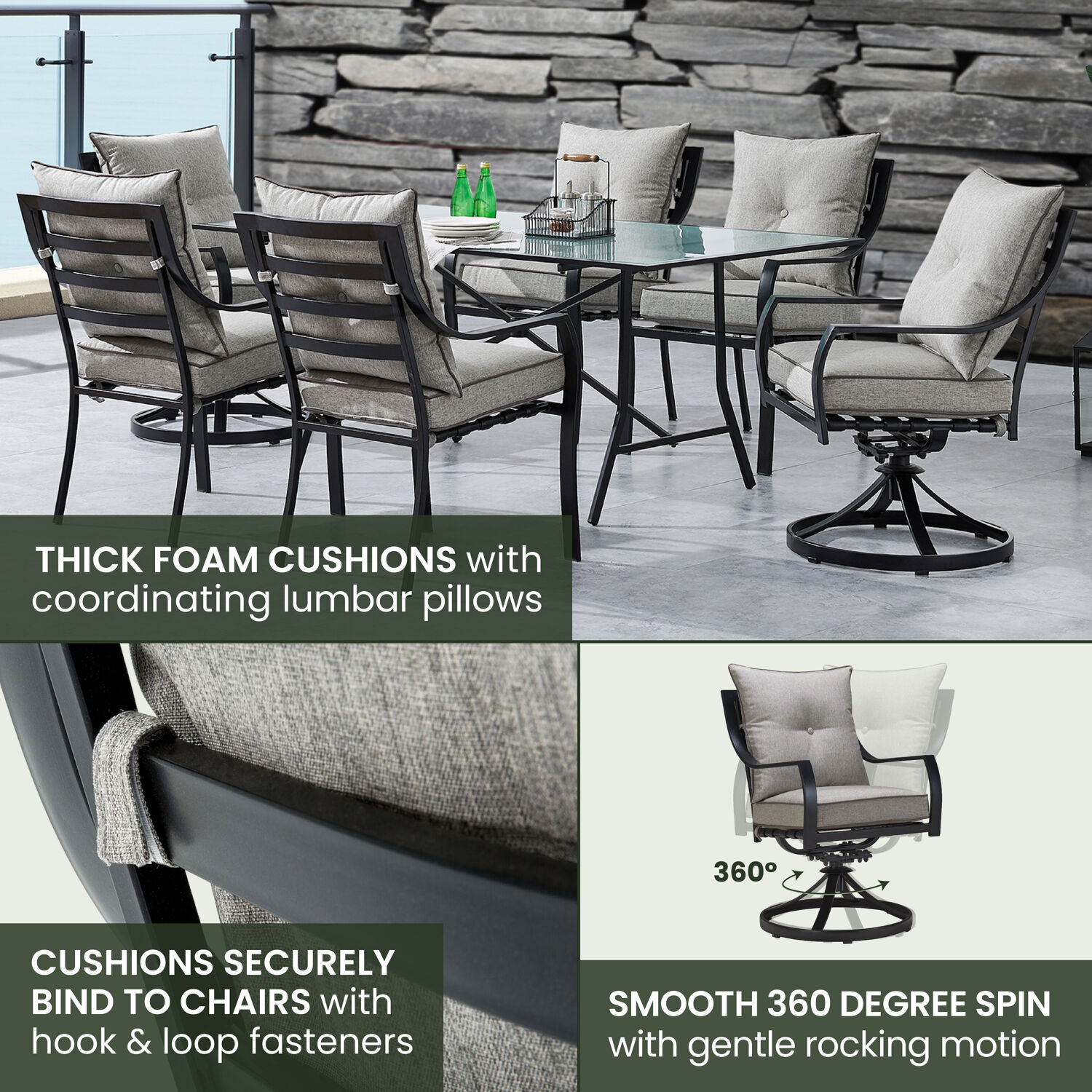 Hanover Lavallette 7-Piece Modern Outdoor Dining Set with Umbrella | 6 Cushioned Swivel Rocker Chairs | 66'' x 38'' Glass-Top Table | Weather Resistant Frame | Silver |LAVDN7PCSW-SLV-SU