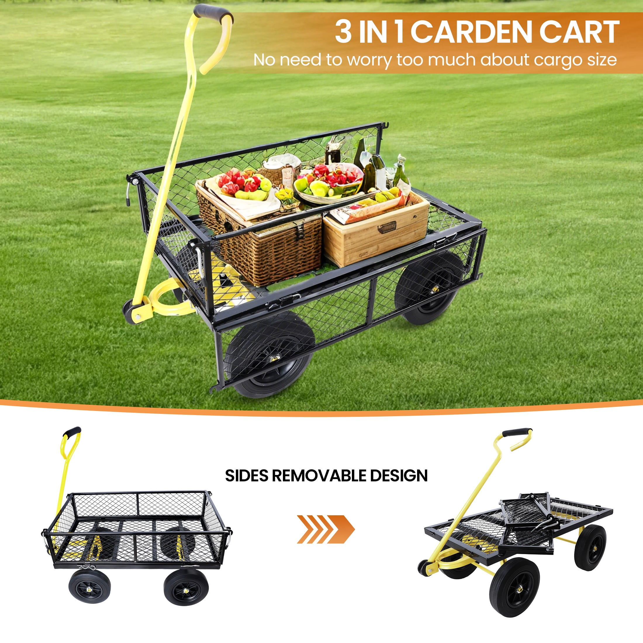 Aukfa Mesh Steel Wagon Cart with Removable Sides, Garden Cart Heavy Duty Utility Wagon with Rotating Handle/10'' Tires for Garden Yard, Yellow