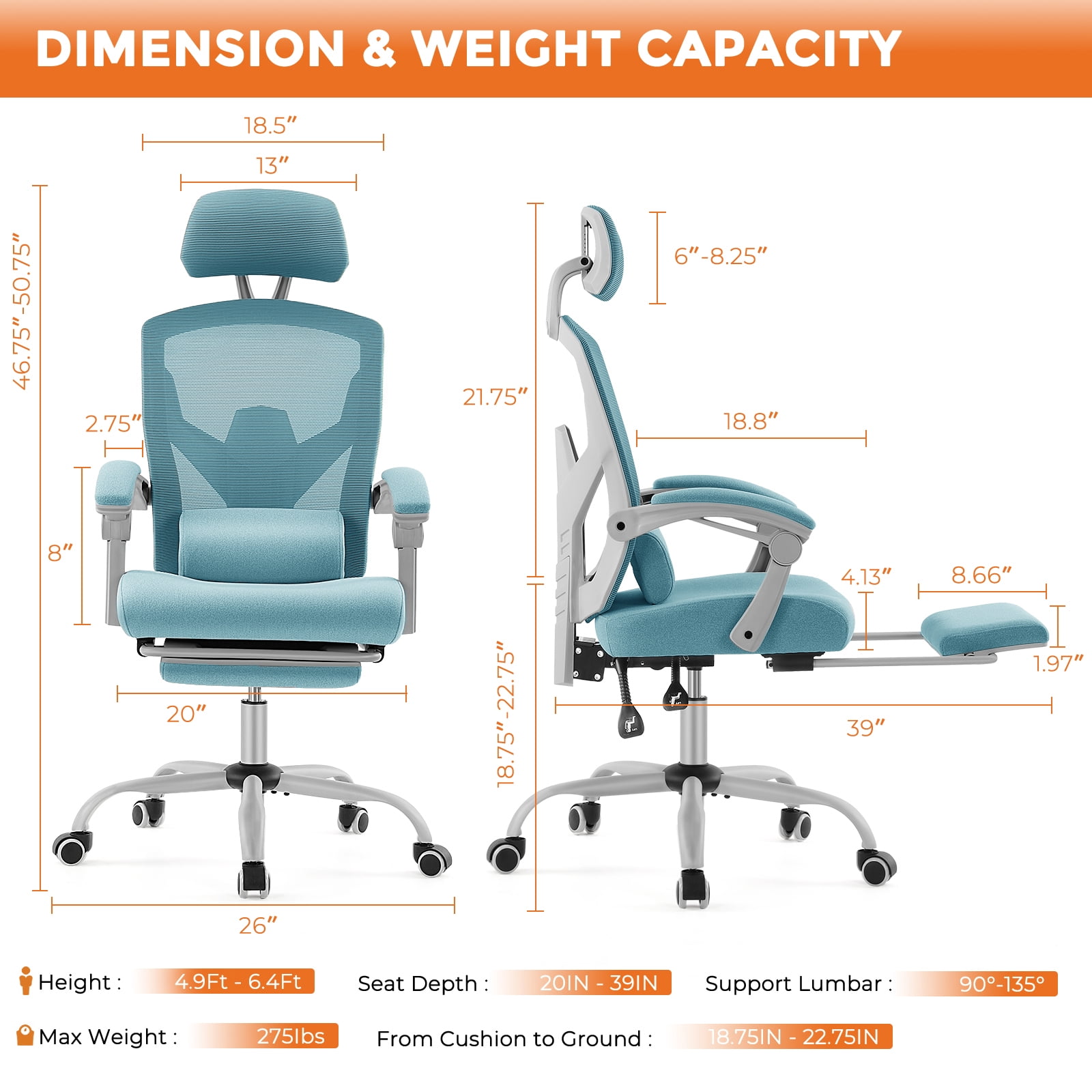 JOINSUN High Back Mesh Office Chair, Ergonomic Lumbar Support, Headrest, Footrest for Home, Blue