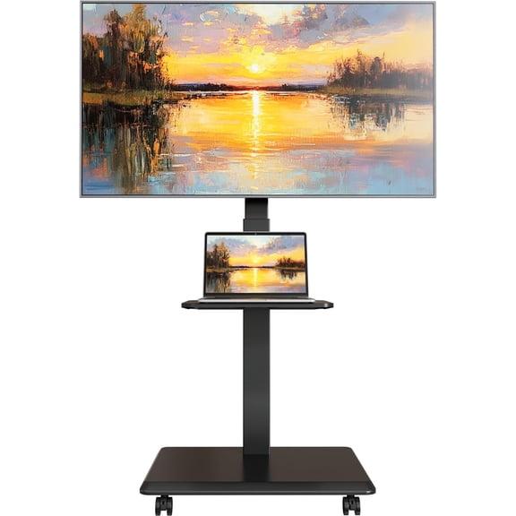 ECOTINY Steel Base Rolling TV Stand for 32–75" TVs up to 110 lbs, Mobile TV Cart with Tilt, Swivel & Leveling, Height Adjustable, Hidden Cable Management, Steel Shelf, Black