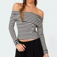 thumbnail image 5 of Goindgs Women's Off Shoulder Tops Y2K Slim Striped Long Sleeve Fold Neck Casual T-Shirt Aesthetic Harajuku Clothes Womens Sexy Blouses Z2 Black-L, 5 of 9
