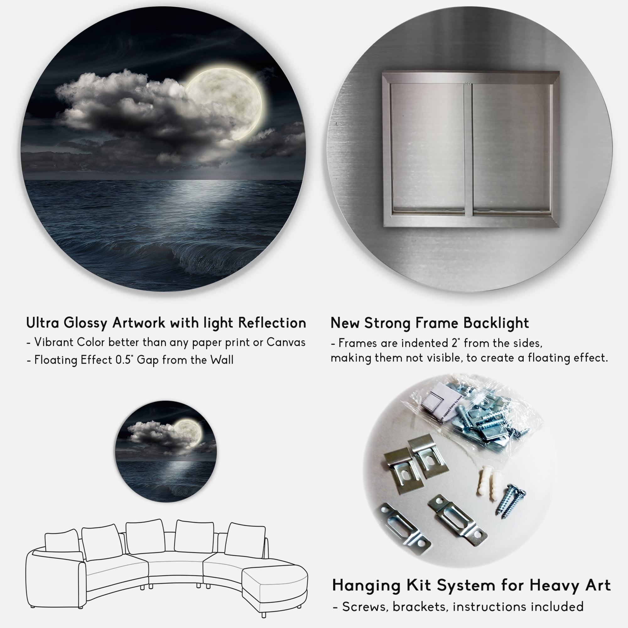 Designart 'Full Moon Night in Cloudy Sky VI' Nautical & Coastal Circle Metal Wall Art 11x11 - Disc of 11