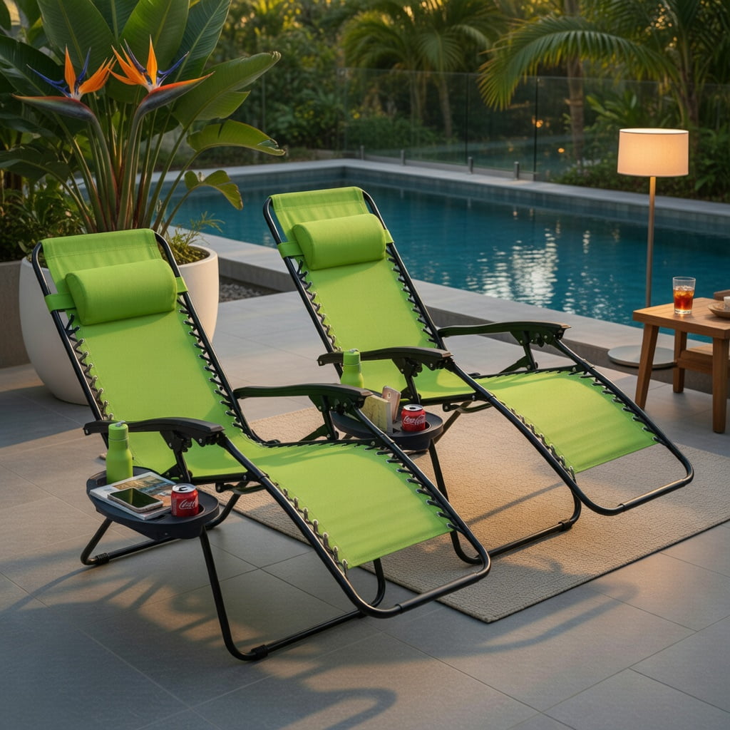 Hommoo 2-Pack Zero Gravity Folding Lounge Chairs with Adjustable Headrest & Removable Tray, Outdoor Indoor Recliners for Back Support, Green