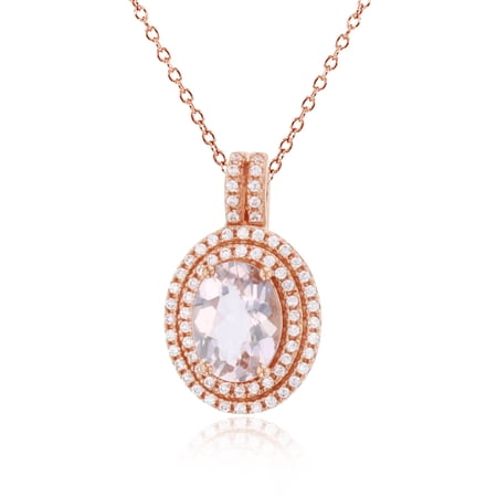 Decadence 14K Rose Gold 0.20cttw Rnd Diamonds & 8x6mm Ov Morganite Double Halo 16+1+1"Necklace