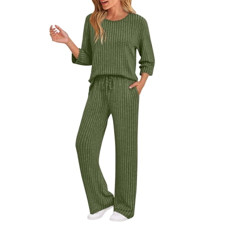 Fnooota Womens Two Piece Set Stretchy 3/4 Sleeve Knitted Womens Outfits Tops and Pants Sets Army Green Size XL