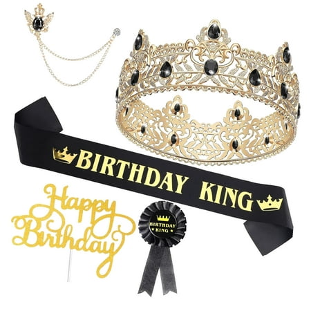 SKYSONIC 5-Piece Birthday Set Featuring Man Crown Sash Tinplate Badge Pin Crown Brooch Hanging Chain Men's Decor for Man Birthday Party (Vibrant Style)