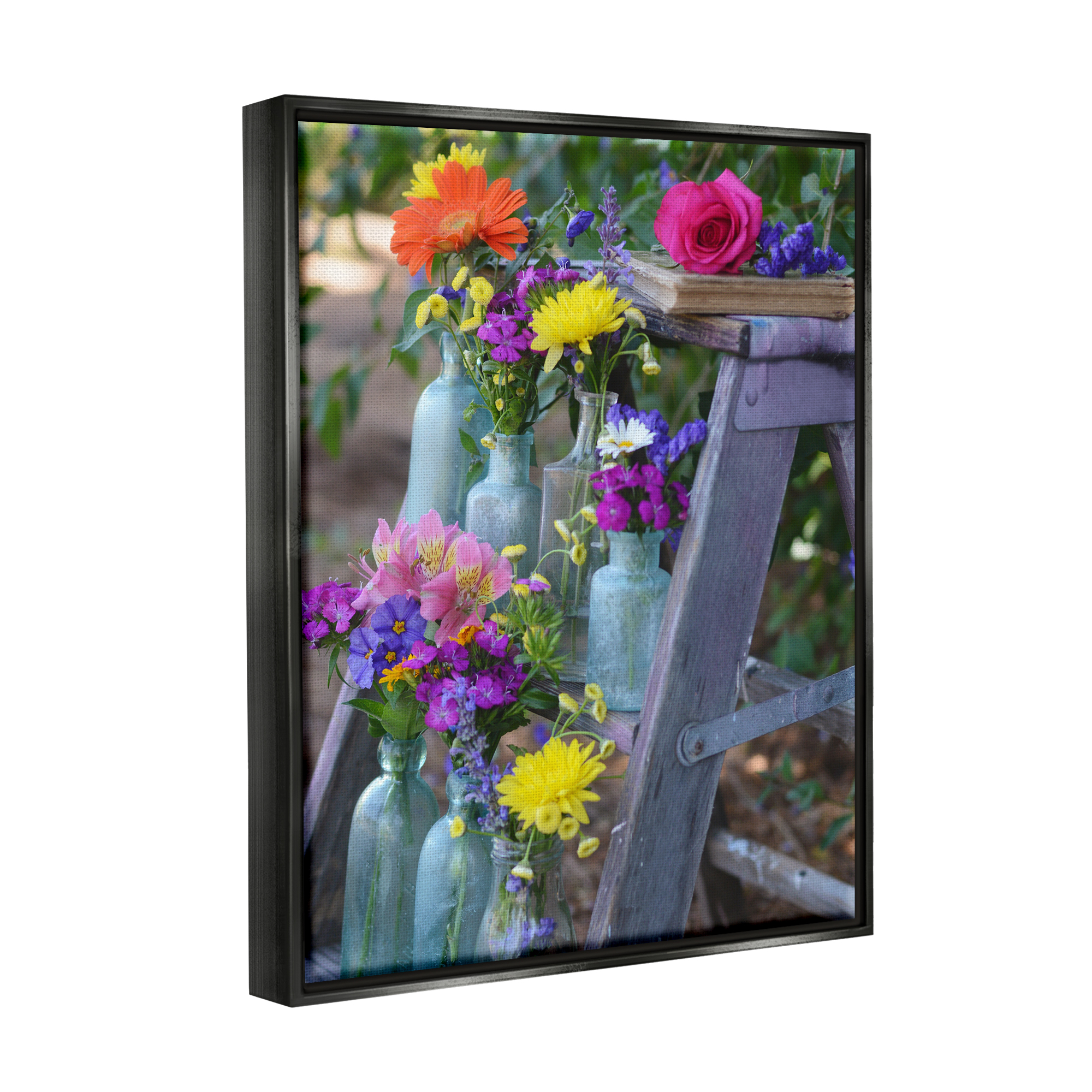 Stupell Industries Florals on Country Ladder Botanical & Floral Photography Black Floater Framed Canvas Art Print Wall Art, 17 x 21