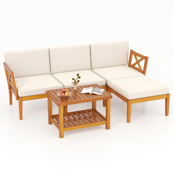 Gymax 5 PCS Acacia Wood Patio Furniture Set w/ 2-Tier Coffee Table and Cushions
