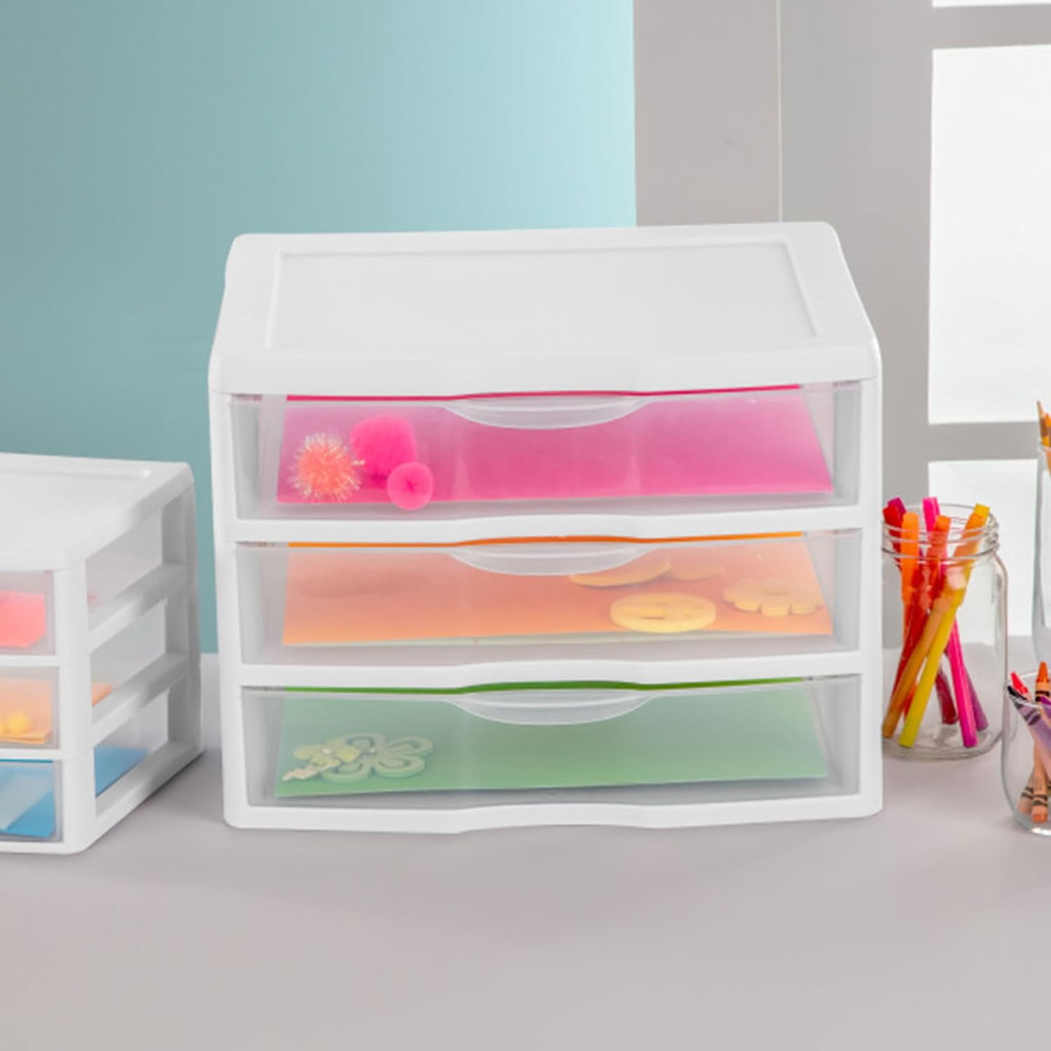 HWong 3-Pack Wide 3 Drawer Unit, Plastic Desktop Organizer with Clear Drawers, White Frame - Stackable Multi-Purpose Storage for Office Supplies, Craft Rooms, Classrooms and Home Organization
