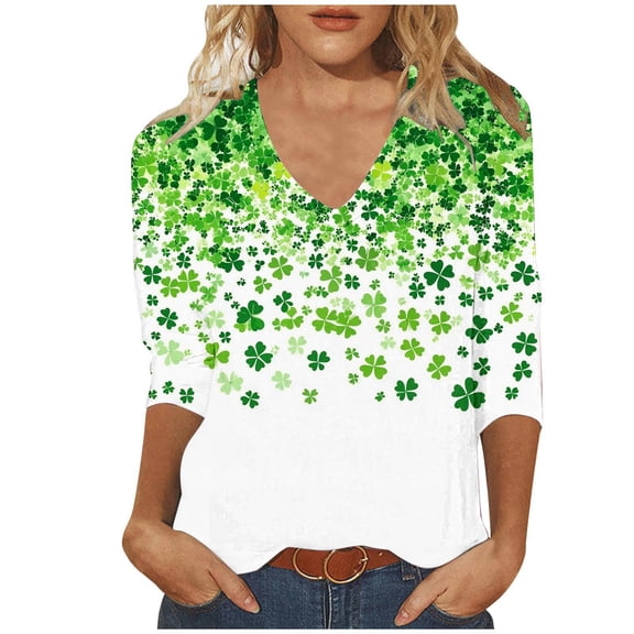 Staron St. Patrick's Day T-Shirt for Women Printed V-Neck 3/4 Sleeve Loose Casual Top, Green L