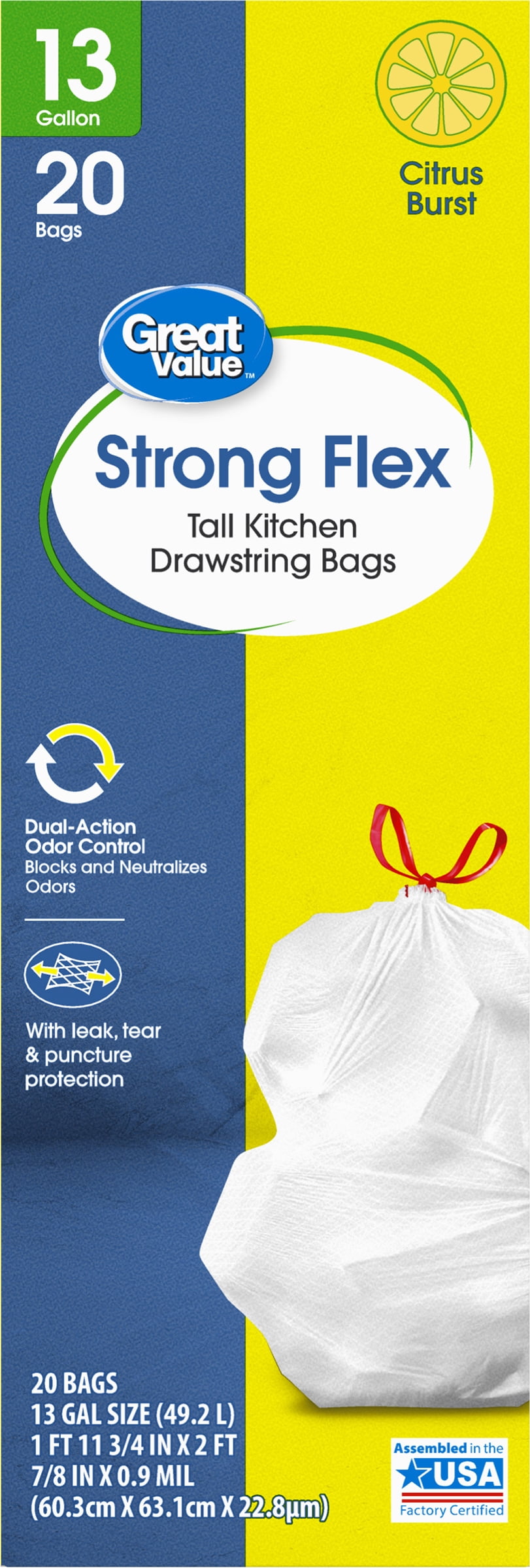 Great Value Strong Flex 13-Gallon Drawstring Tall Kitchen Trash Bags, Citrus Burst, 20 Count