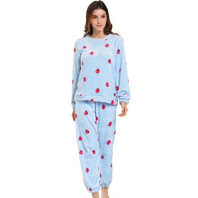 Pijama de Franela Allegra K Manga Larga Top y Pantalones Para Dormir Fresa Azul XXL