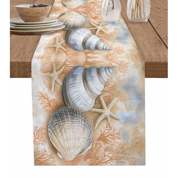 Orange Coastal Table Runner 60 Inches, Summer Beach Starfish Shell Nautical Bed Runner Dresser Scarves Tabletop for Indoor Outdoor Parties/Ceremony/Banquet, 13" x 60"