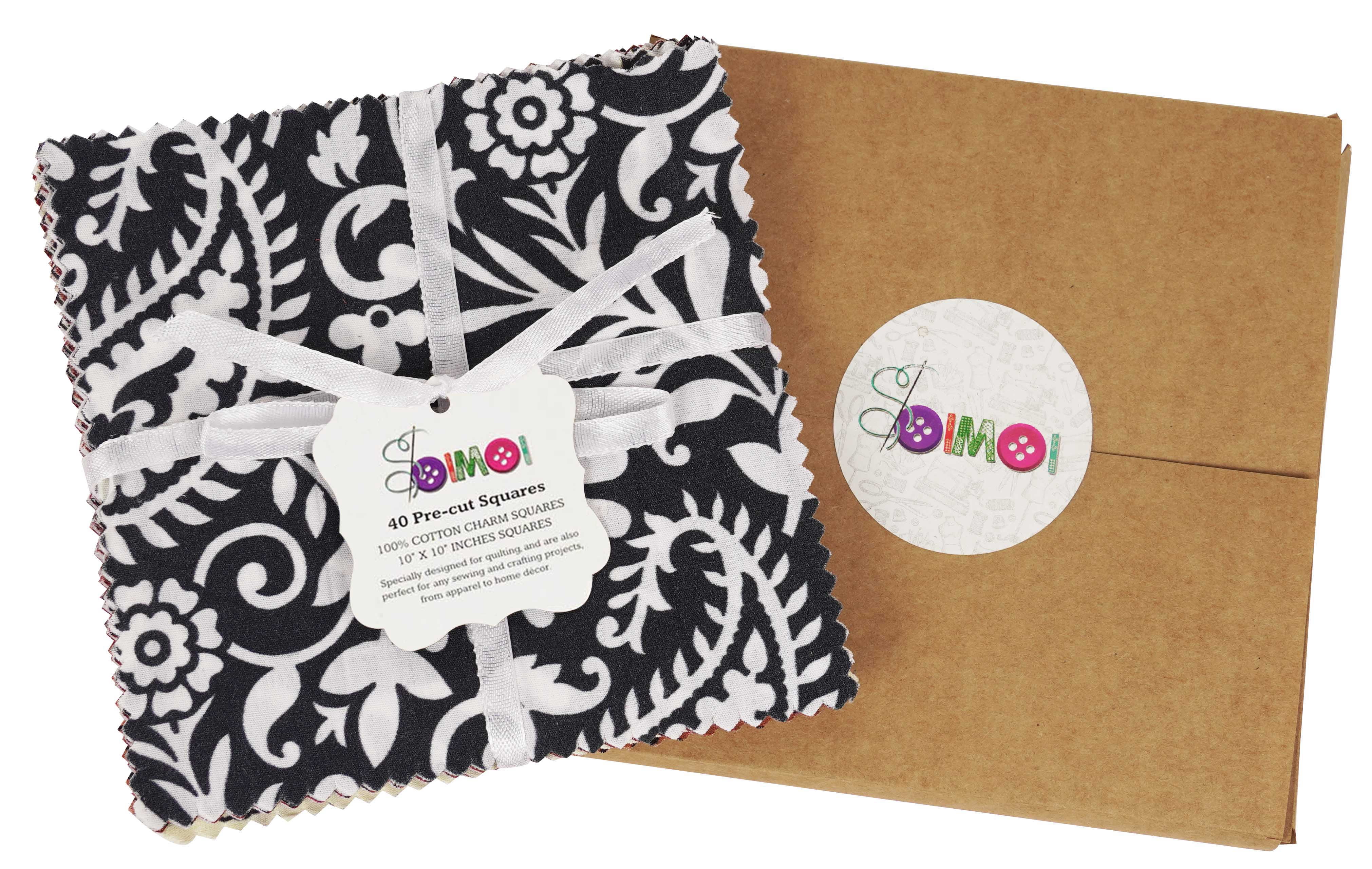 Soimoi Precut 10-inch Asian Block Prints Cotton Fabric Bundle Quilting Squares Charm Pack DIY Patchwork Sewing Craft- Maroon- White- Pale Yellow- Brown