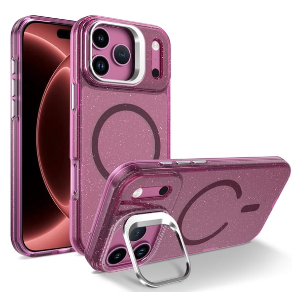 Dteck Bling Glitter Matte Case for iPhone 18 Pro Max,Shockproof TPU PC Case Compatible with Mag Safe Stand Cover for iPhone 18 Pro Max,Winered
