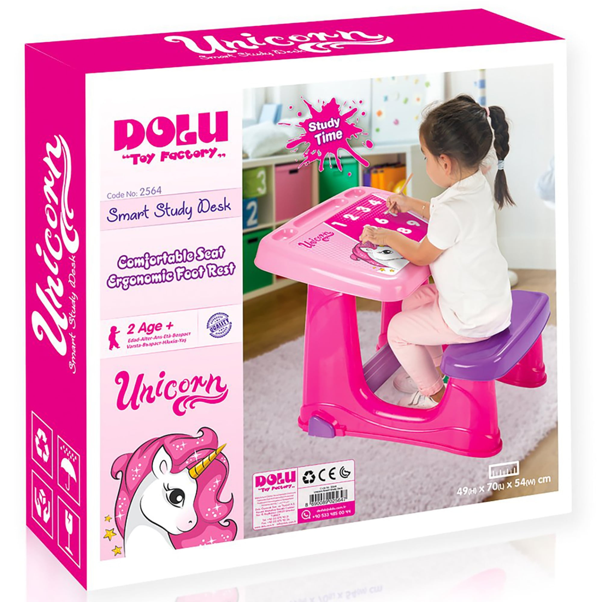 Dolu: Smart Study Craft Desk - Pink Unicorn - Comfortable Seat & Ergonomic Footrest, Desktop Study & Play Space, Stationary Grooves, Kids & Toddler 2+