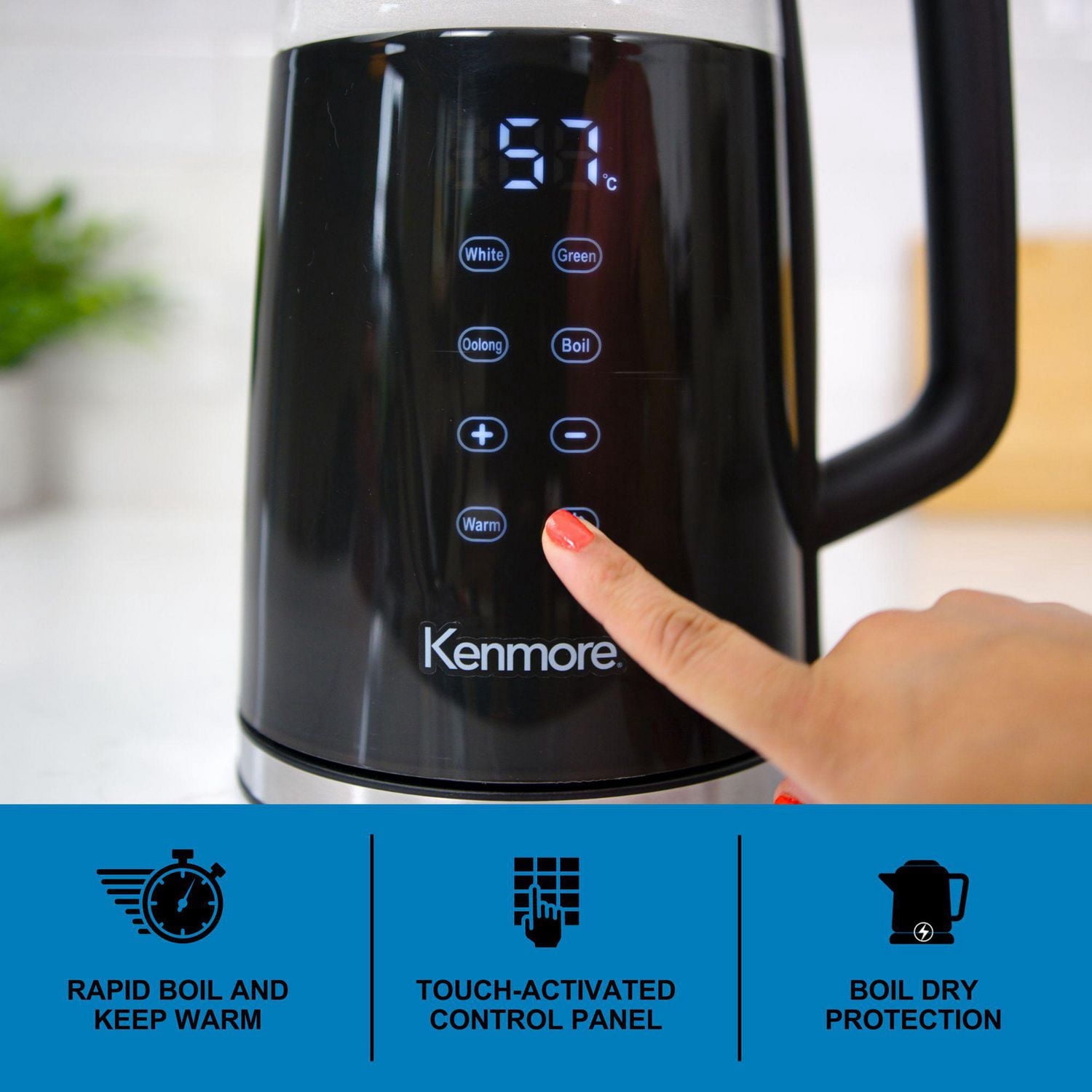 Kenmore 1.7L Electric Kettle Portable Electric Glass Kettle with Temperature Control Digital Display, Lid Glass Electric Kettle, Black