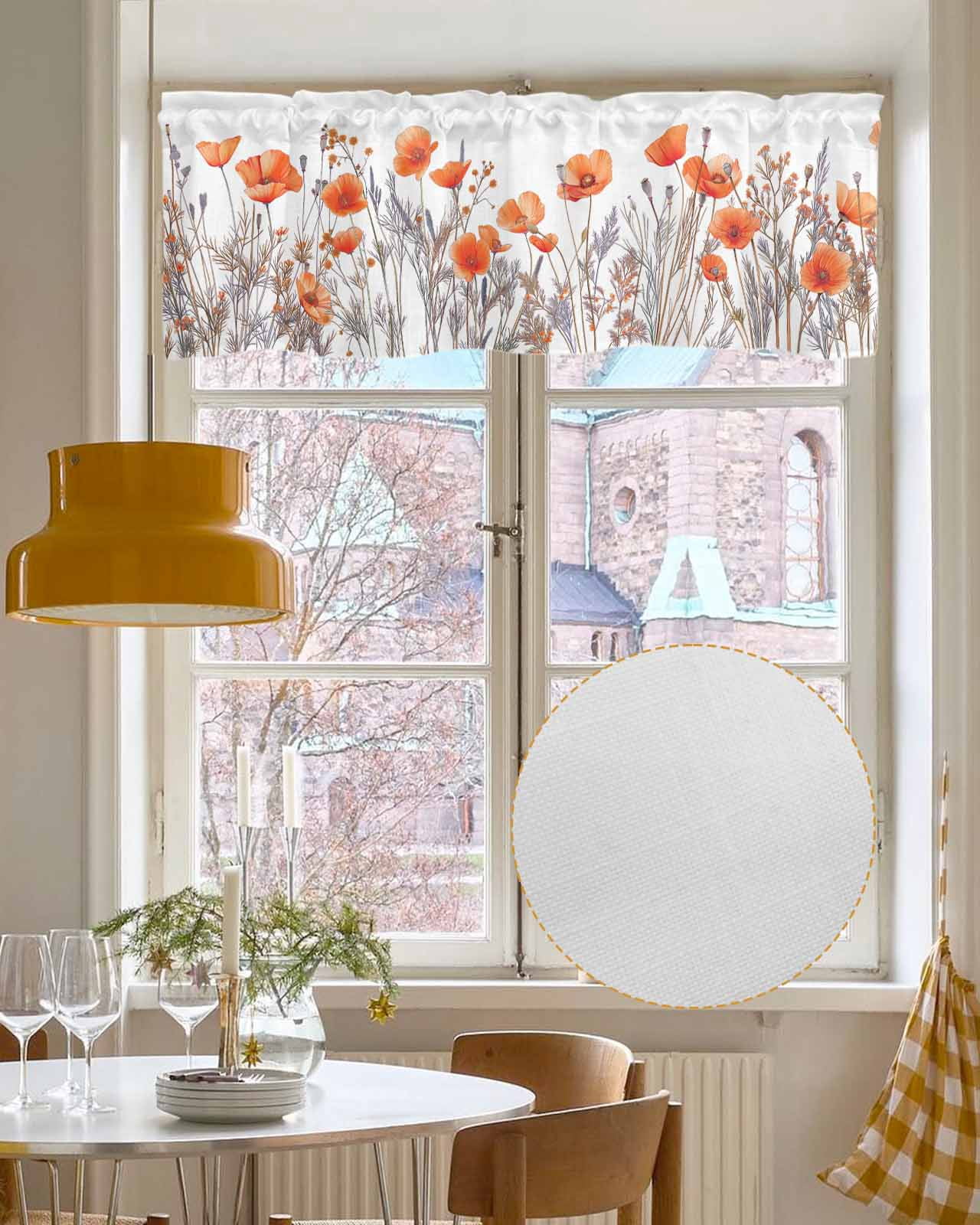 Orange Flower Linen Curtain Valance for Bedroom/Bathroom/Kitchen/Office/Living/Dining Room Window,Pastel Botanical Floral Leav Herb Pocket Topper Drapes Decorative Cafe Drapery Panel 54"x18"