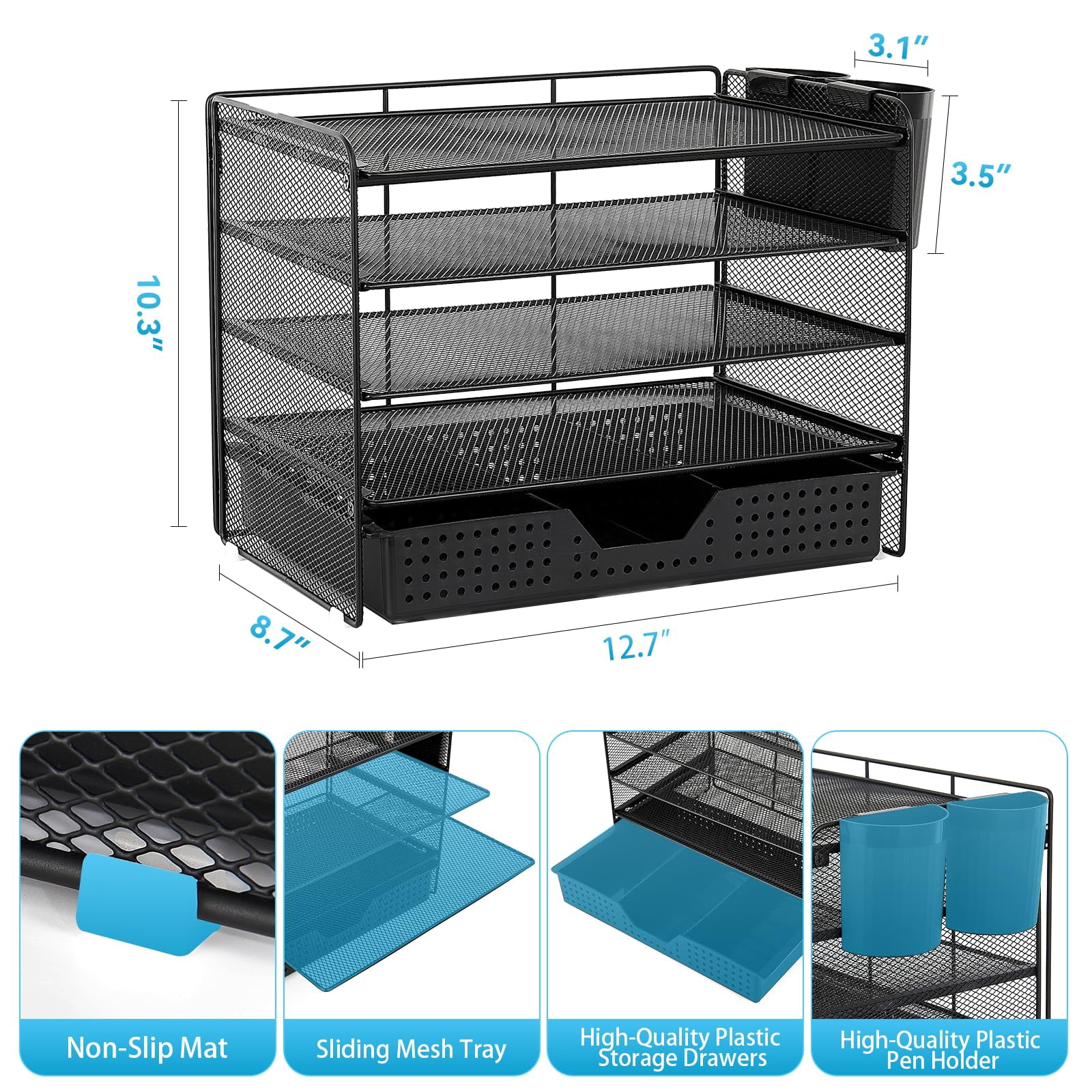 Desk Organizer And Accessories  5-tier Paper Letter Tray With Drawer & 2 Pen Holders For Desktop File Organization Office Supplies Storage (black)